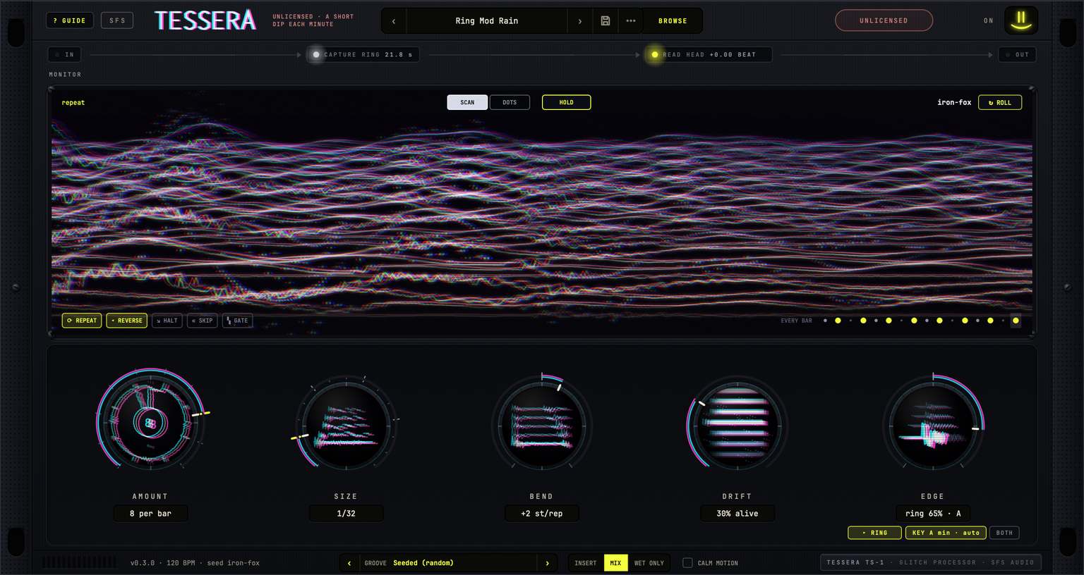 Tessera's screen: glitching waveforms in cyan and magenta over five knobs, the repeat, reverse, halt, skip and gate buttons lit.