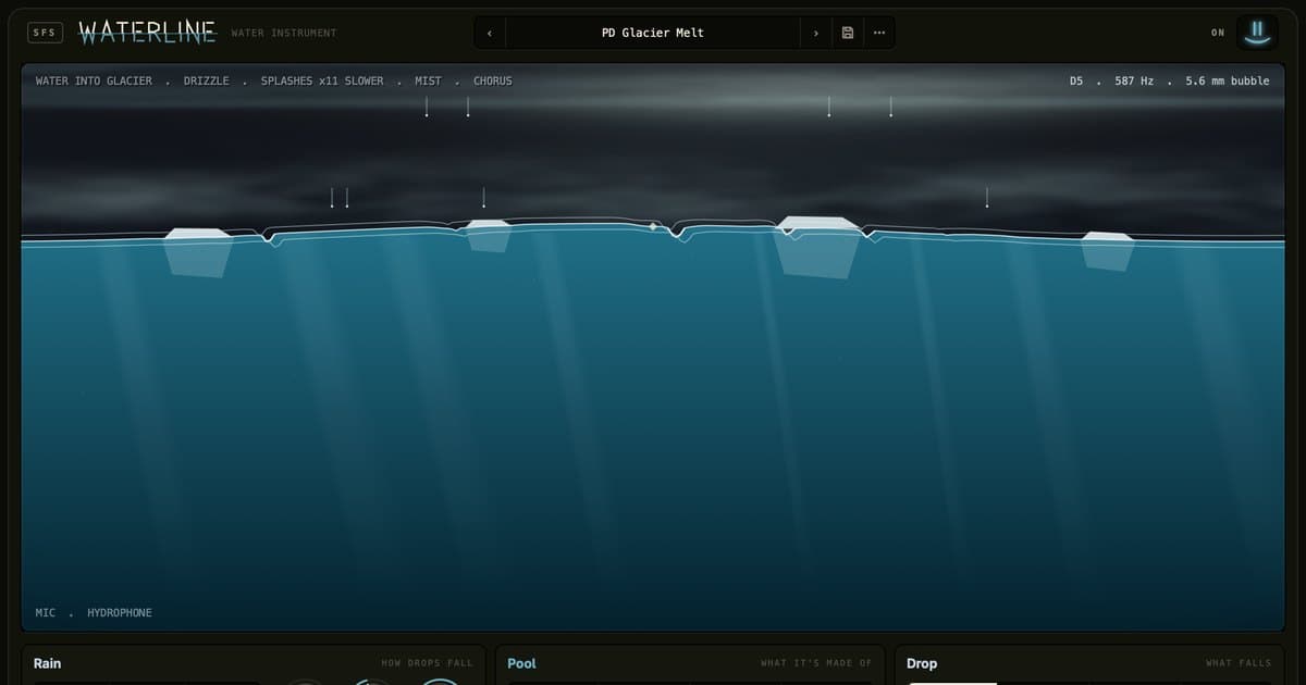 Waterline's screen: rain falling into a teal pool under a cloudy sky, ice floating on the surface.