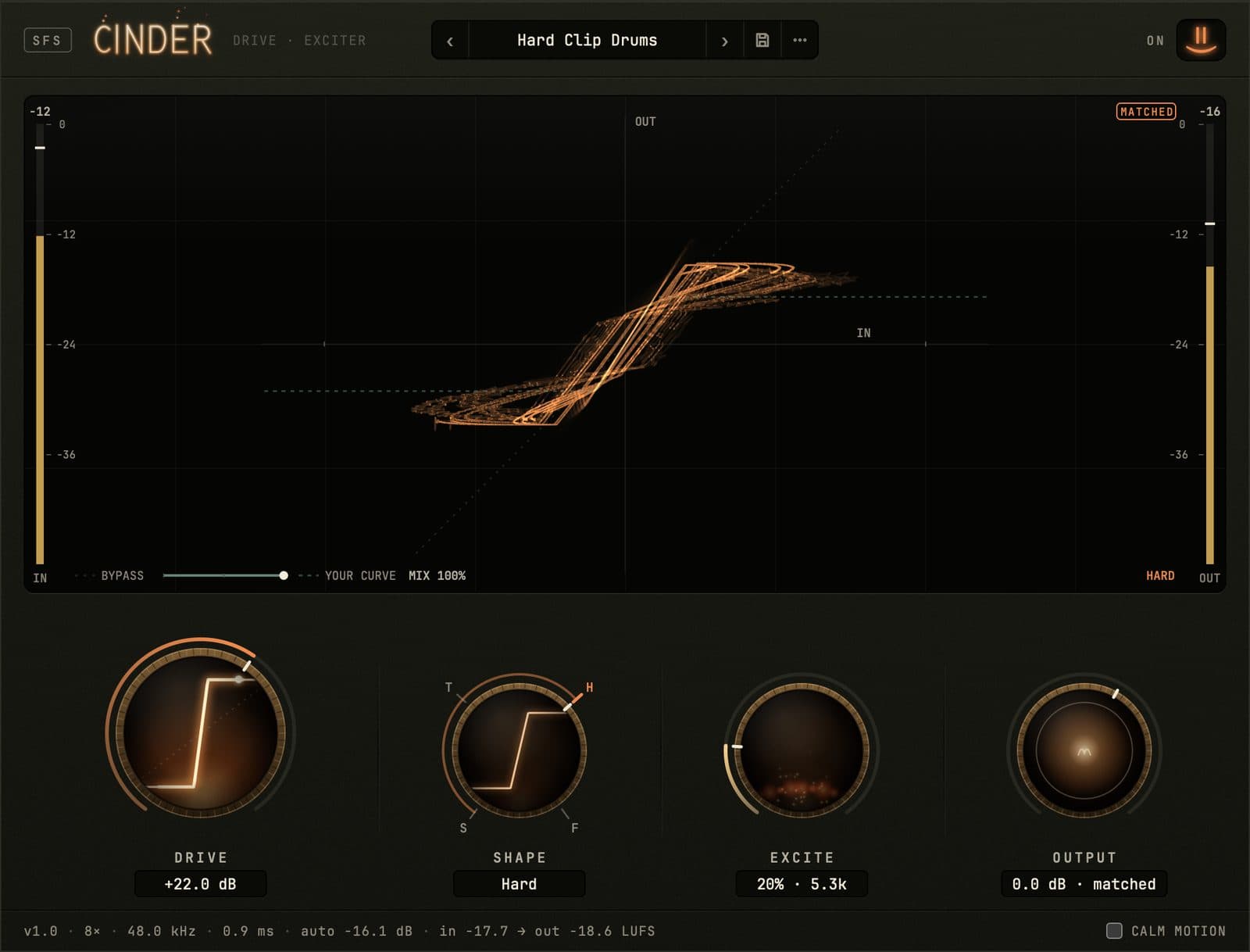 Cinder running its Hard Clip Drums preset on a drum loop: on the Transfer beam the signal is clipped flat at the top and bottom of a steep diagonal, and below it the Drive, Shape, Excite and Output knobs, each drawing what it does.