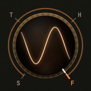 The Shape knob set to Fold, on the Fold Fuzz preset: the curve inside folds back on itself, with S, T, H and F marked around the dial.