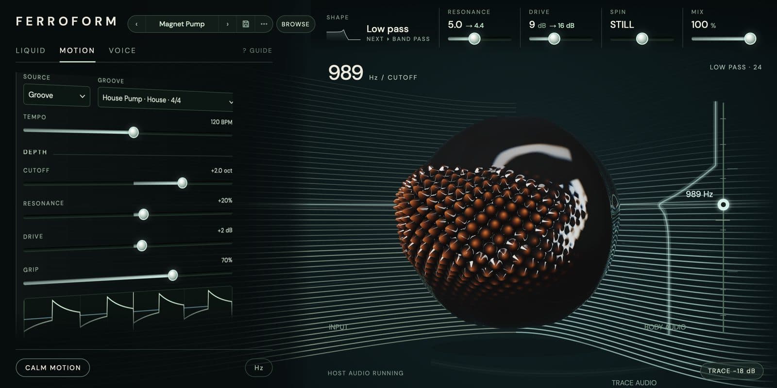 Ferroform on its Magnet Pump preset with a chord playing through it. On the left, under the preset bar and BROWSE, the MOTION tab: a House Pump groove in 4/4 at 120 BPM, cutoff depth +2.0 octaves, Grip at 70% and the groove's lane. On the right, the stage: a glossy black orb covered in copper spikes floats in a field of fine lines, the cutoff reads 989 Hz, and the top row shows Low pass, Resonance 5.0, Drive 9 dB, Spin still and Mix 100%.