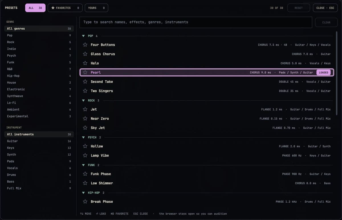 Lustra's preset browser, open on Pearl: genres from Pop to Experimental and instruments from Guitar to Full Mix down the left, a search field, and the presets in genre folders, each with its zone, its setting and the instruments it suits.