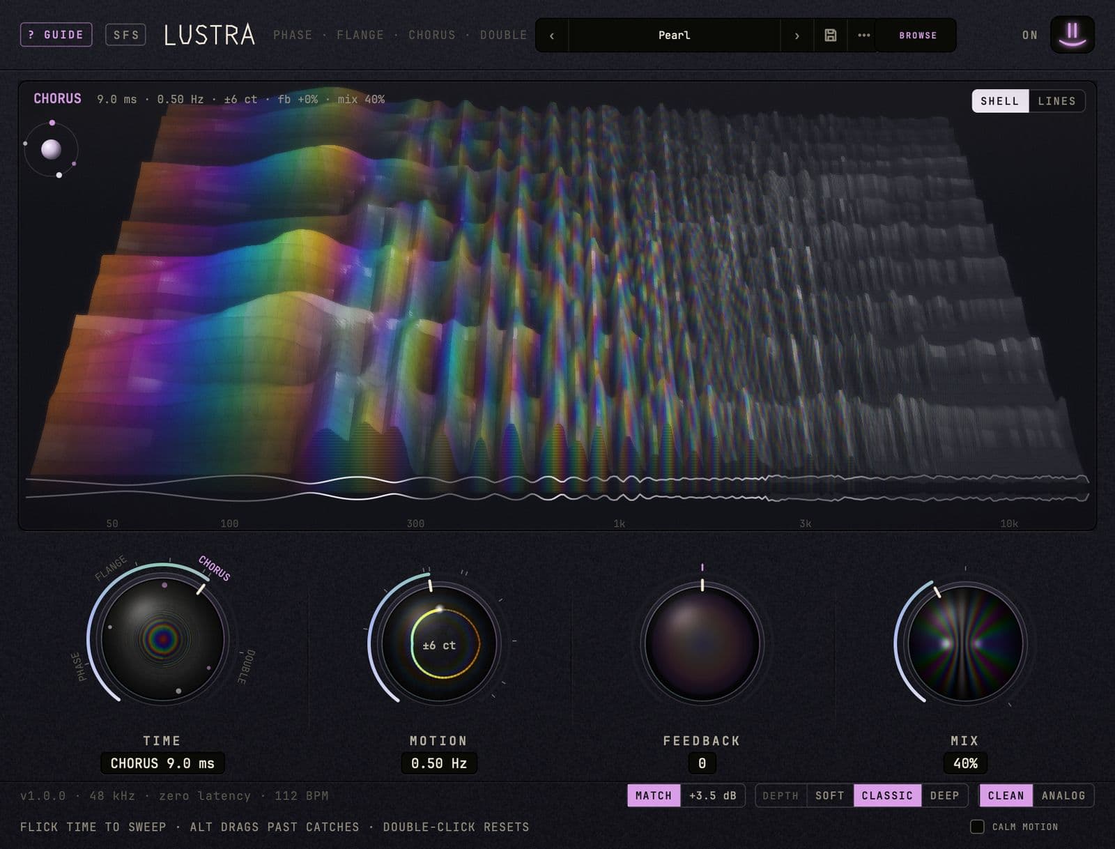 Lustra on its Pearl preset with a band playing through it. Above, the preset bar with BROWSE. In the middle, a ridged landscape of sound recedes into the dark, its low end at the left in bands of orange, violet and green, its high end at the right washed to pearl white. Below, the Time, Motion, Feedback and Mix knobs read CHORUS 9.0 ms, 0.50 Hz, 0 and 40%, and the footer shows MATCH lit with a trim of +3.5 dB.