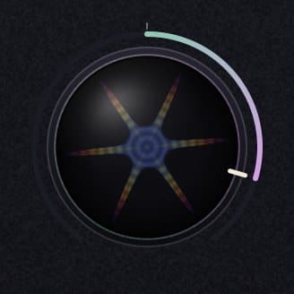 The Feedback knob at +70%: a six-petaled star of colored light inside a dark lens, its value arc lit on the right.