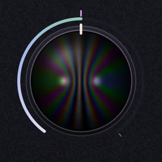 The Mix knob at 50%: two bright points inside a dark lens, with curved colored fringes running between them.