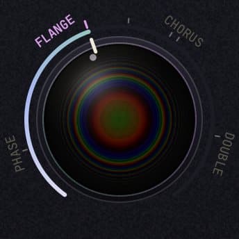 The Time knob at FLANGE 1.2 ms: a dark glass lens holding concentric colored rings, with PHASE, FLANGE, CHORUS and DOUBLE around its arc.