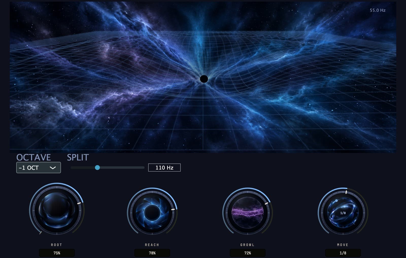 V404 processing a 55 Hz bass tone: a grid of fine blue lines across a blue-violet nebula falls toward a small black opening at the center. Under it, the Octave menu at −1 OCT, the Split slider at 110 Hz, and the Root, Reach, Growl and Move knobs, each a different glass material, with its value under it: 75%, 78%, 72% and 1/8.