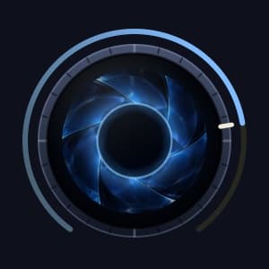 The Reach knob at 78%: an iris of blue glass blades opened wide around a dark center, inside its value ring.