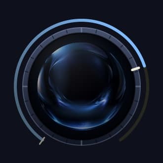 The Root knob at 75%, drawn larger than the others: a dark glass well with blue reflections inside an engraved bezel, its blue value ring and pointer at 75%.